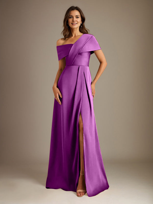 Robe de mère de la mariée en satin, longueur au sol, encolure asymétrique en ligne A avec plis