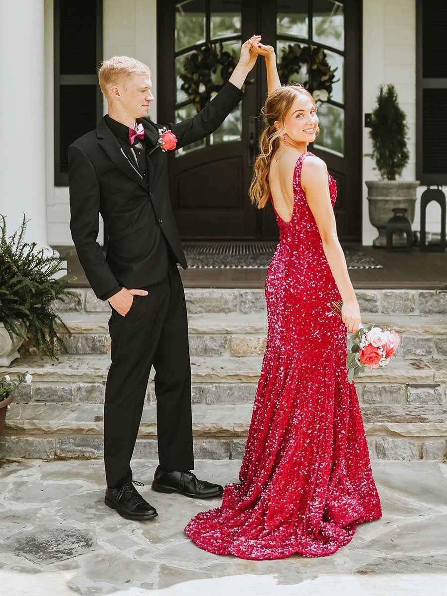 Plunging Neck Sequin Mermaid Long Prom Dress For Evening Gown