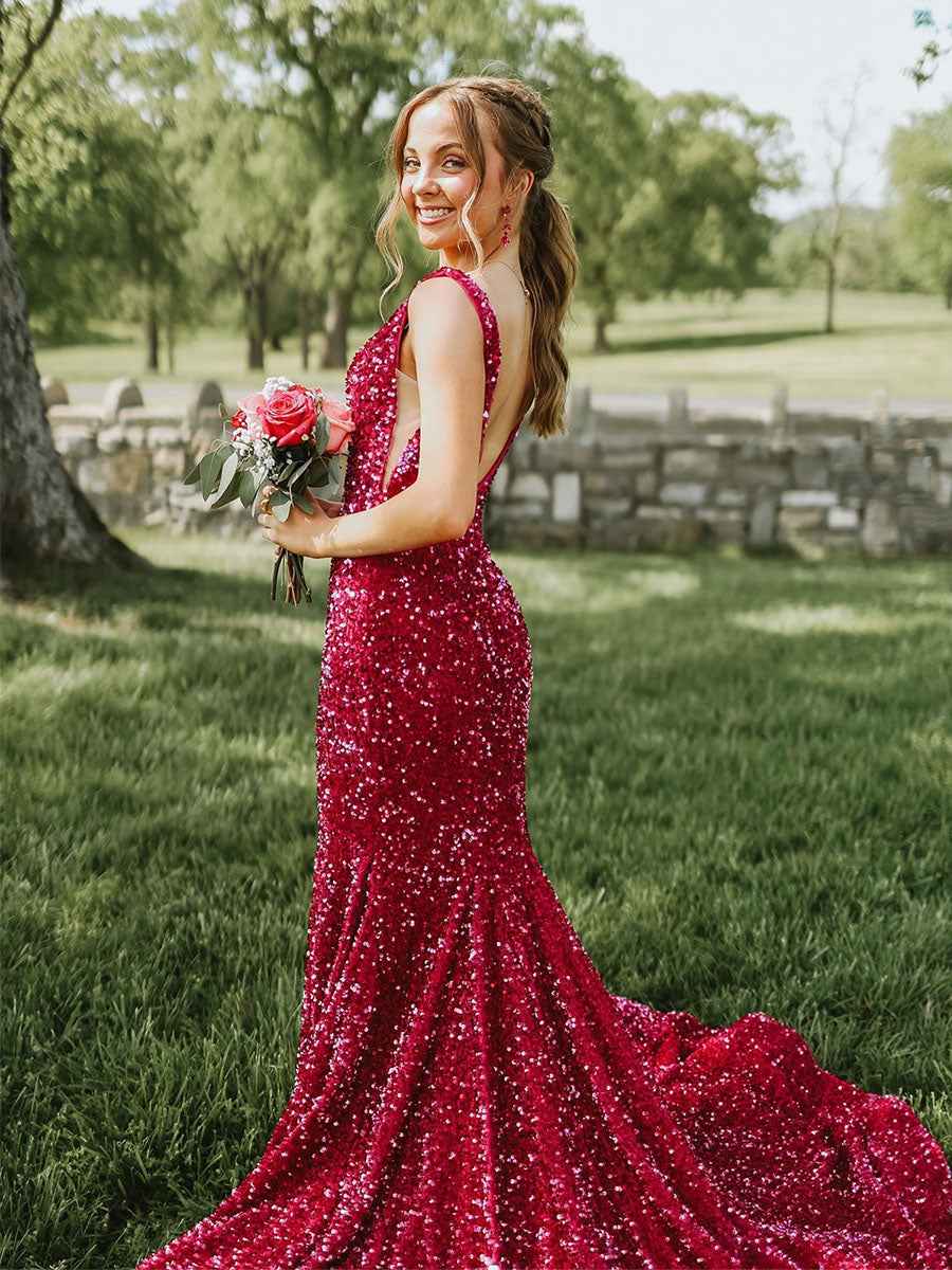 Plunging Neck Sequin Mermaid Long Prom Dress For Evening Gown