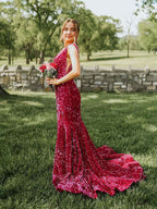 Plunging Neck Sequin Mermaid Long Prom Dress For Evening Gown