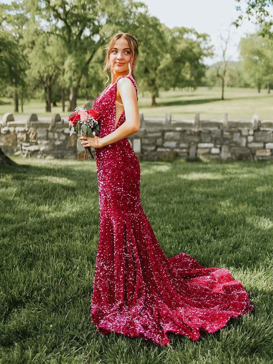 Plunging Neck Sequin Mermaid Long Prom Dress For Evening Gown