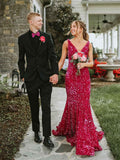 Plunging Neck Sequin Mermaid Long Prom Dress For Evening Gown