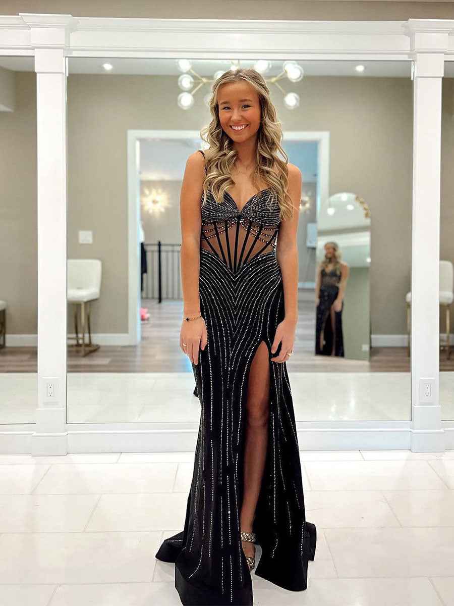 Stunning Black Plunging V-Neck Corset Bodice Prom Dress Slit
