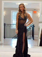 Stunning Black Plunging V-Neck Corset Bodice Prom Dress Slit