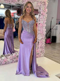Lavender Prom Dress With Crystal Corset Bodice Plunging Neck And Slit