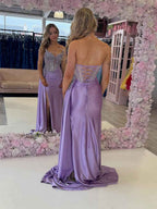 Lavender Prom Dress With Crystal Corset Bodice Plunging Neck And Slit
