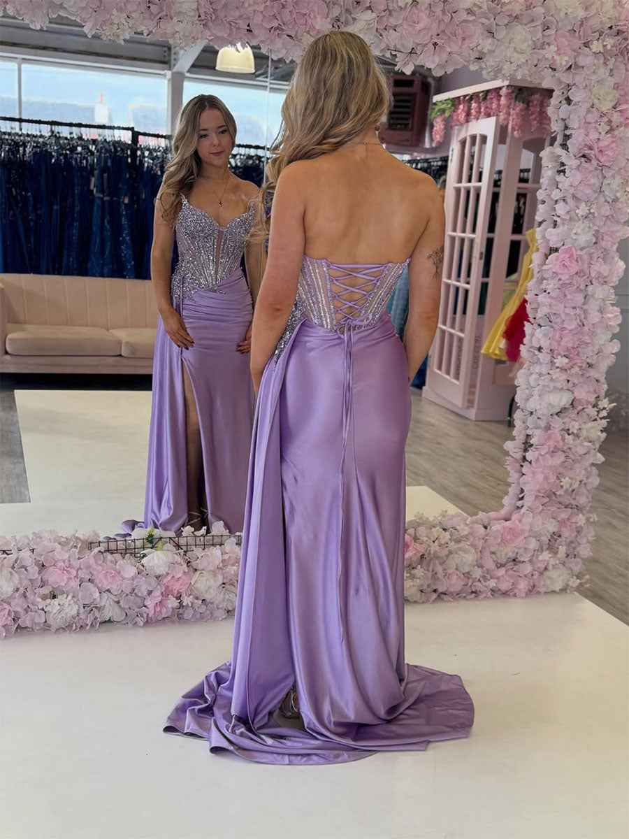 Lavender Prom Dress With Crystal Corset Bodice Plunging Neck And Slit