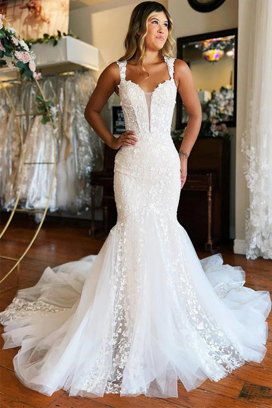Plunging Neckline Ivory Off-the-Shoulder Mermaid Wedding Dress