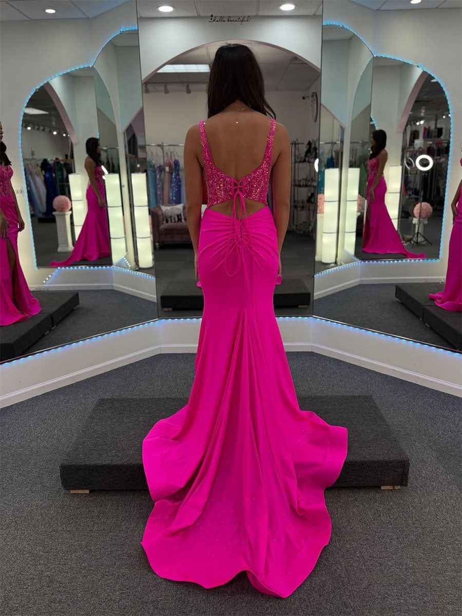 Hot Pink Plunging V Neck Beaded Corset Bodice Prom Dress High Slit
