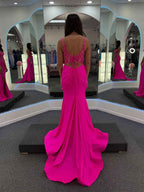 Hot Pink Plunging V Neck Beaded Corset Bodice Prom Dress High Slit
