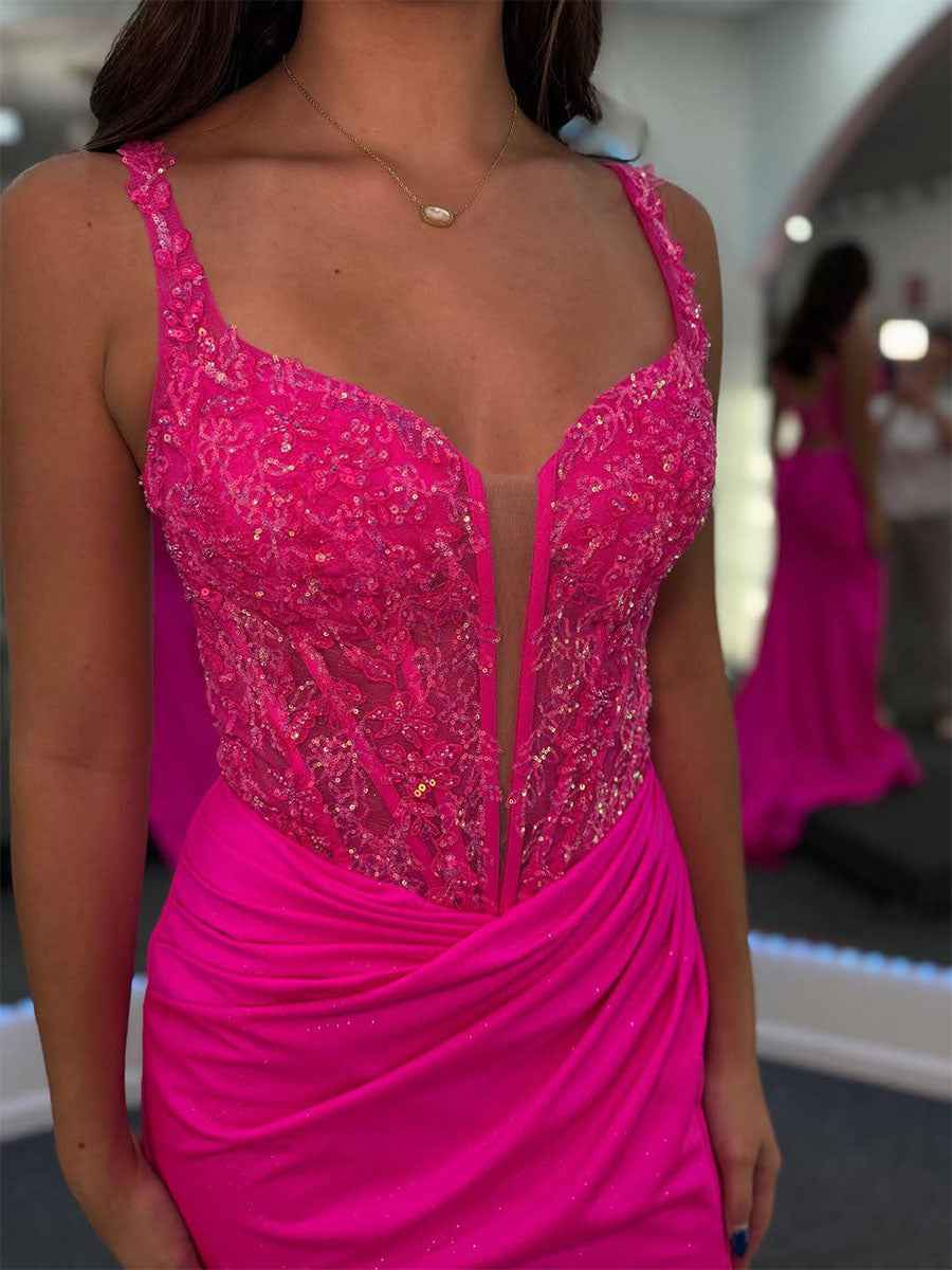 Hot Pink Plunging V Neck Beaded Corset Bodice Prom Dress High Slit