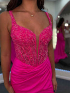 Hot Pink Plunging V Neck Beaded Corset Bodice Prom Dress High Slit