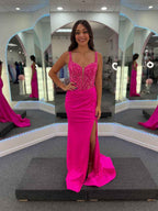 Hot Pink Plunging V Neck Beaded Corset Bodice Prom Dress High Slit