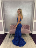 Royal Blue Plunging V Neck Sequin Lace Sheer Corset Prom Dress