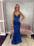 Royal Blue Plunging V Neck Sequin Lace Sheer Corset Prom Dress