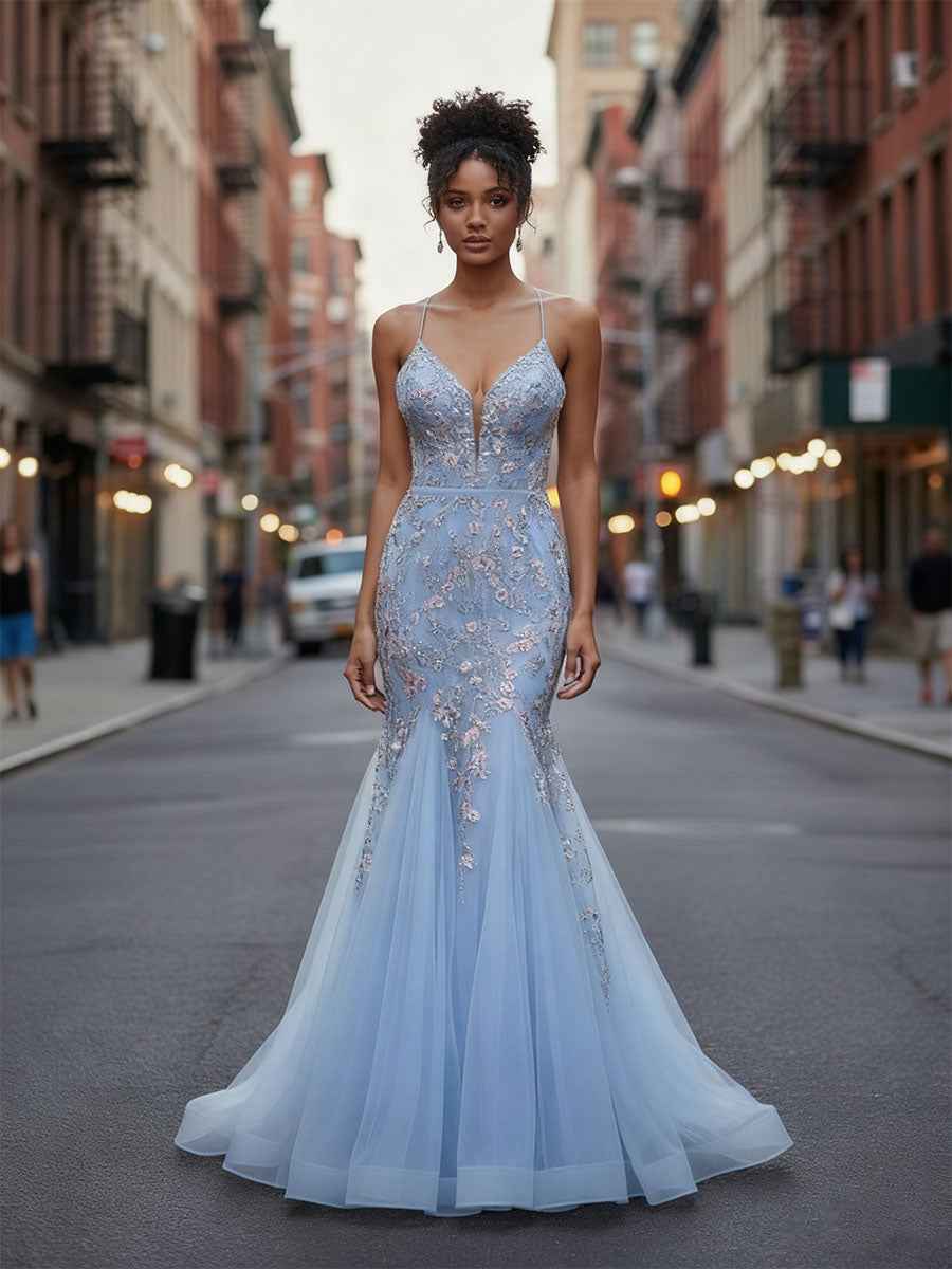 Light Blue Plunging V Neck Tulle Mermaid Prom Dress With Floral Embroidery