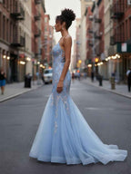 Light Blue Plunging V Neck Tulle Mermaid Prom Dress With Floral Embroidery