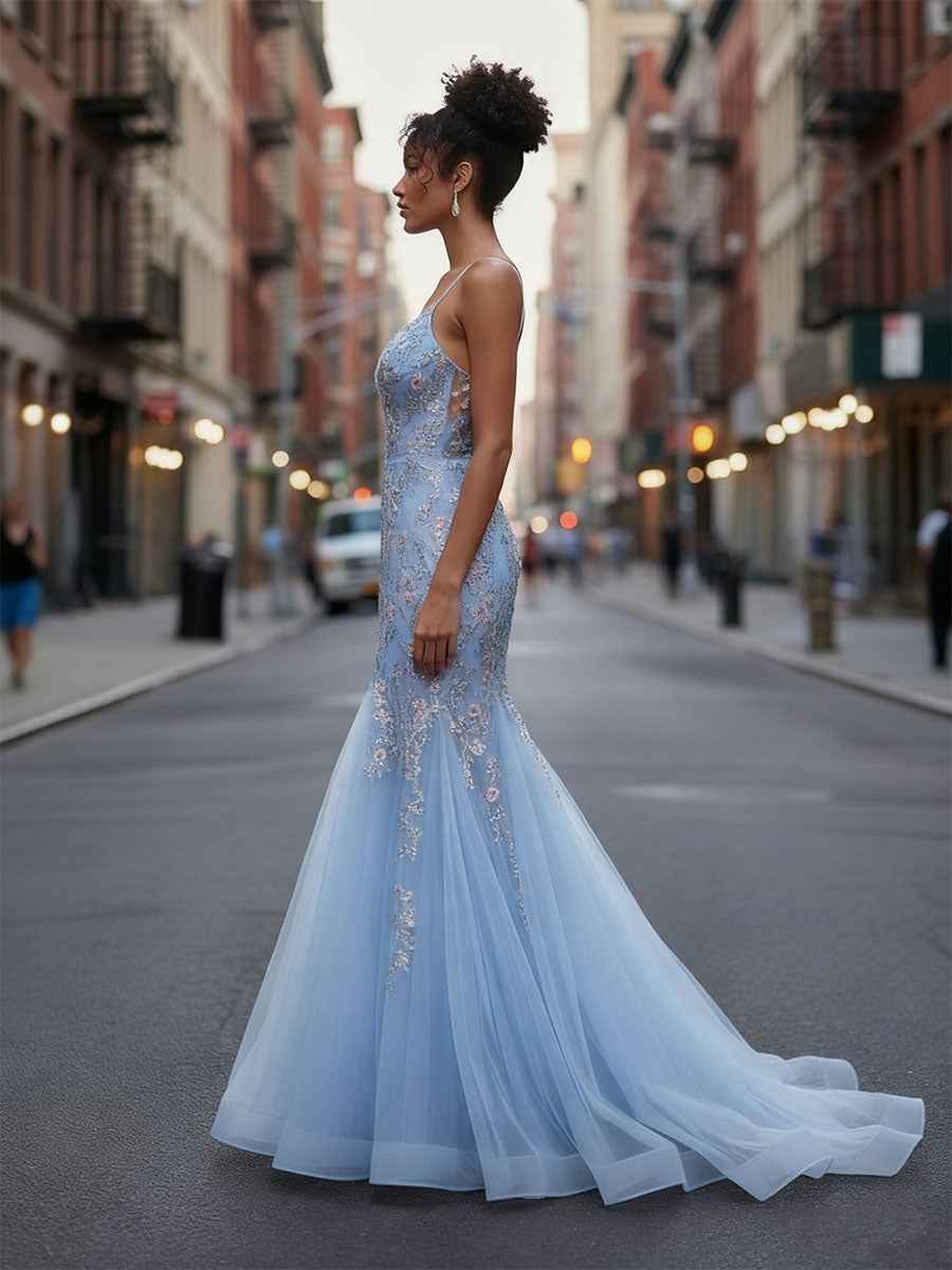 Light Blue Plunging V Neck Tulle Mermaid Prom Dress With Floral Embroidery