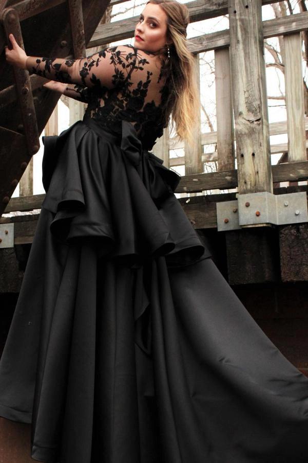 Plus Size Black Gothic Ball Gown Wedding Dress With Illusion High Neck Bow