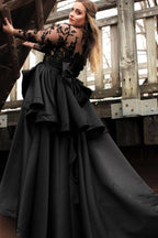 Plus Size Black Gothic Ball Gown Wedding Dress With Illusion High Neck Bow