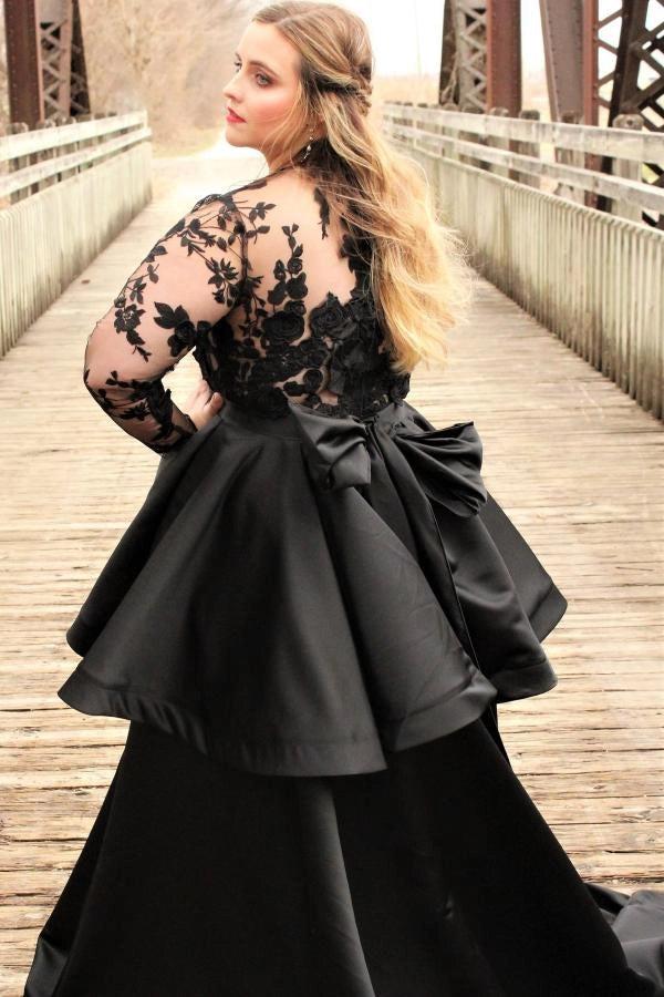 Plus Size Black Gothic Ball Gown Wedding Dress With Illusion High Neck Bow