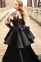 Plus Size Black Gothic Ball Gown Wedding Dress With Illusion High Neck Bow