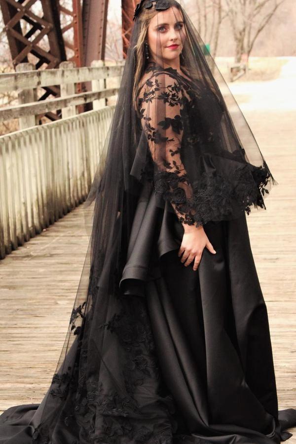 Plus Size Black Gothic Ball Gown Wedding Dress With Illusion High Neck Bow