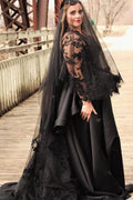 Plus Size Black Gothic Ball Gown Wedding Dress With Illusion High Neck Bow