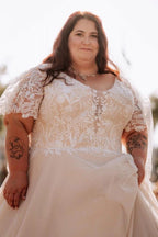 Plus Size Ivory A-Line Wedding Dress V Neck Short Lace Sleeves 3D Floral Embroidery Bridal Gown with Cathedral Train