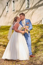 Plus Size Ivory A-Line Wedding Dress V Neck Wide Strap Lace Floral Bodice Crystal Belt Tulle Bridal Gown