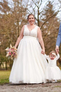 Plus Size Ivory A-Line Wedding Dress V Neck Wide Strap Lace Floral Bodice Crystal Belt Tulle Bridal Gown