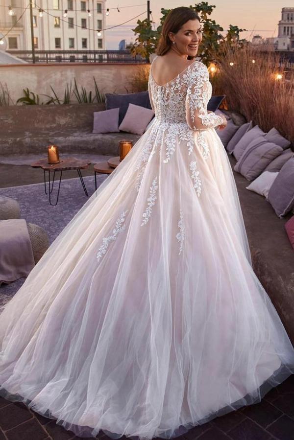 Plus Size Ivory Ball Gown Wedding Dress With Illusion V Neck Lace Sleeves Tulle