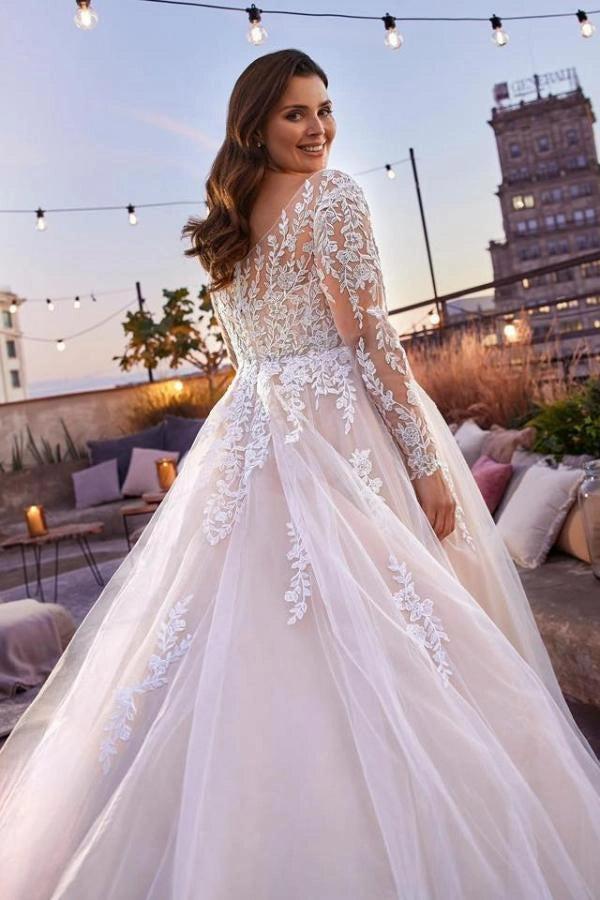 Plus Size Ivory Ball Gown Wedding Dress With Illusion V Neck Lace Sleeves Tulle