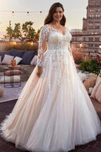 Plus Size Ivory Ball Gown Wedding Dress With Illusion V Neck Lace Sleeves Tulle