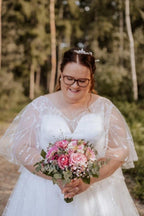 Plus Size White A-Line Wedding Dress V Neck Flutter Cape Sleeves Floral Embroidery Crystal Belt Glitter Tulle Bridal Gown with Sweep Train