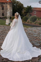 Plus Size White Ball Gown Wedding Dress V Neck Long Puff Sleeves Pearl Beaded Sequin Lace Luxury Princess Bridal Gown