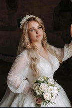 Plus Size White Ball Gown Wedding Dress V Neck Long Puff Sleeves Pearl Beaded Sequin Lace Luxury Princess Bridal Gown