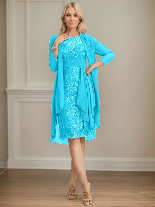 Abito da madre della sposa in pizzo e chiffon con gonna a colonna a effetto illusion fino al ginocchio, con balze a cascata e paillettes