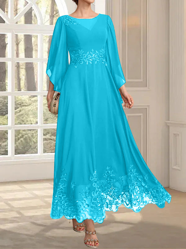 A-Linie, U-Ausschnitt, Illusion, knöchellang, Spitzen-Chiffon, Kleid für die Brautmutter mit Pailletten 