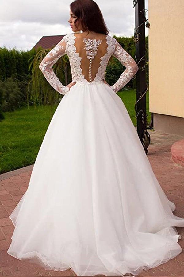Robe de mariée princesse en tulle ivoire, ligne A, col en V, manches longues