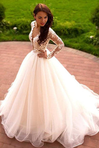 Princess A-Line V-Neck Tulle Ivory Long Sleeves Wedding Dresses