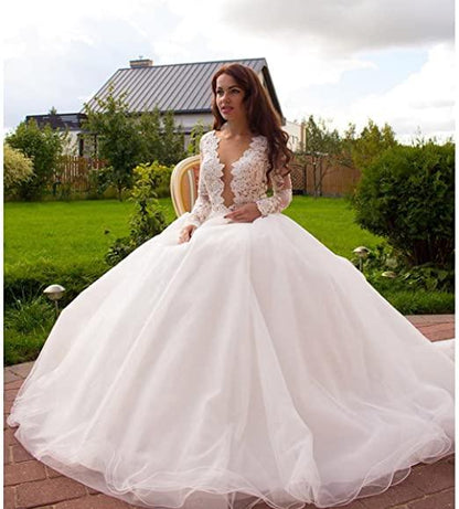 Princess A-Line V-Neck Tulle Ivory Long Sleeves Wedding Dresses