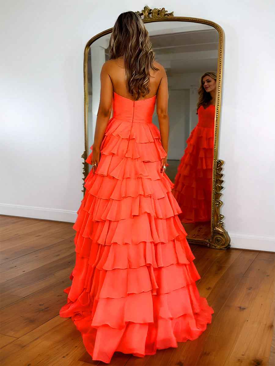 Coral Orange Strapless Sweetheart Prom Dress With Tiered Ballgown