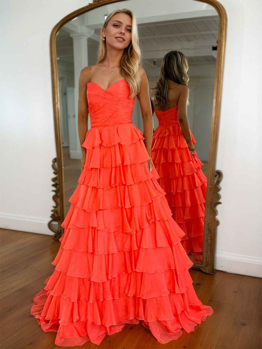Coral Orange Strapless Sweetheart Prom Dress With Tiered Ballgown