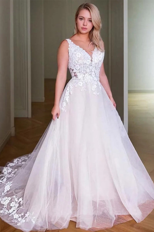 Prinzessin V-Ausschnitt Sweep Schleppe Brautkleider mit Spitzenapplikationen