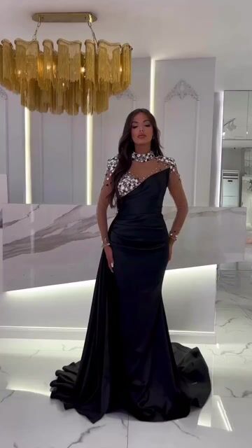 Bmbridal Black Long Sleeves Prom Dress Mermaid Crystal High Neck