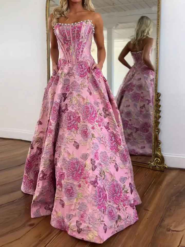 A Line Prom Dresses 3D Floral Strapless Beaded Rhinestone Gown