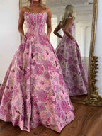 A Line Prom Dresses 3D Floral Strapless Beaded Rhinestone Gown