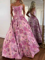A Line Prom Dresses 3D Floral Strapless Beaded Rhinestone Gown