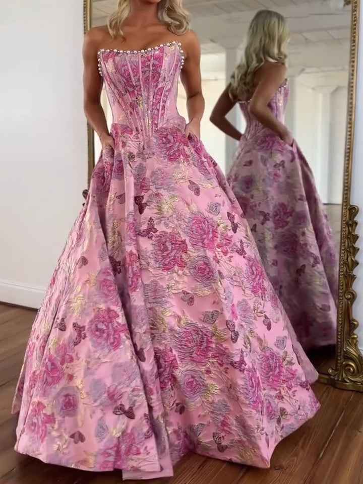 A Line Prom Dresses 3D Floral Strapless Beaded Rhinestone Gown